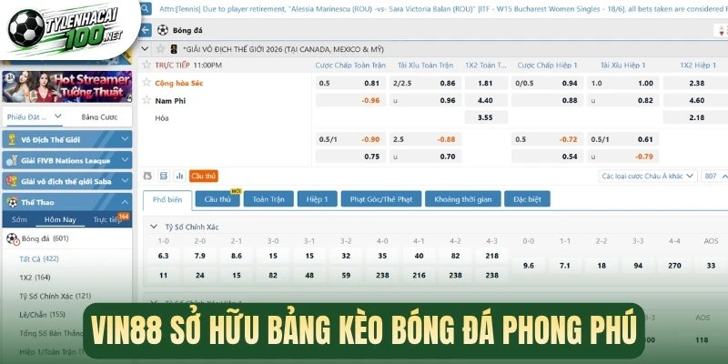 Vin88 sở hữu bảng kèo bóng đá phong phú